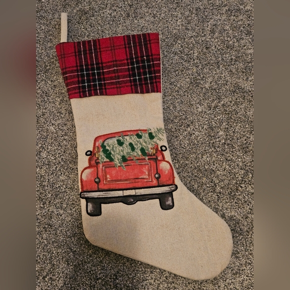 Red Truck Christmas Tree Stocking Plaid Red Green - Picture 3 of 3